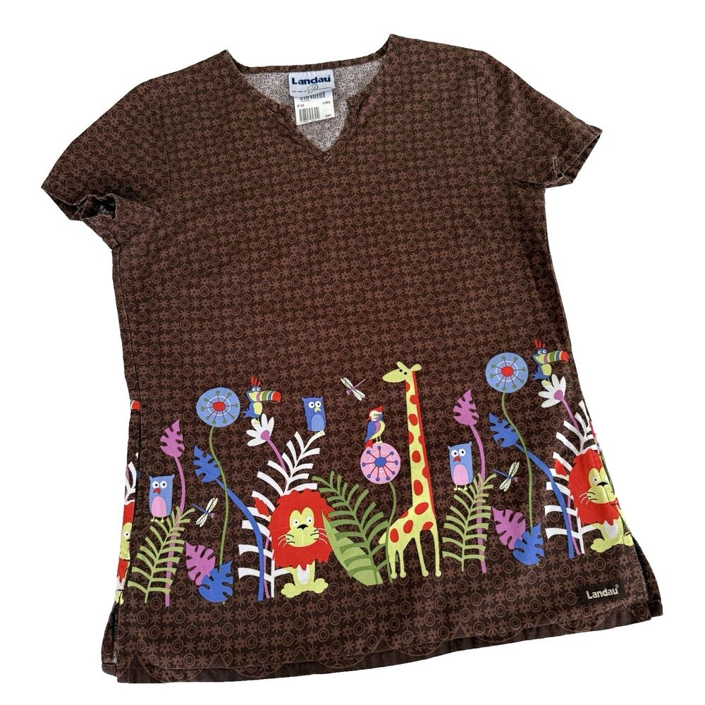 Landau Women's Zoo Safari Scrub Top Brown V-Neck Uniform MEDICAL RN LPN Lion